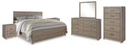 Culverbach King Panel Bed with Mirrored Dresser, Chest and 2 Nightstands in Gray - PKG011532