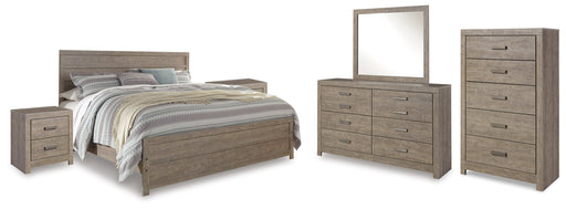 Culverbach King Panel Bed with Mirrored Dresser, Chest and 2 Nightstands in Gray - PKG011532