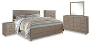 Culverbach King Panel Bed with Mirrored Dresser, Chest and Nightstand in Gray - PKG011531