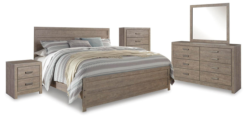 Culverbach King Panel Bed with Mirrored Dresser, Chest and Nightstand in Gray - PKG011531