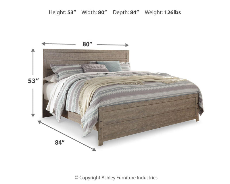 Culverbach King Panel Bed with Mirrored Dresser, Chest and Nightstand in Gray - PKG011531