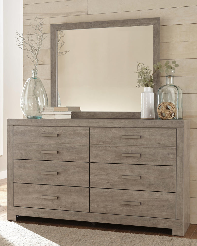 Culverbach King Panel Bed with Mirrored Dresser, Chest and Nightstand in Gray - PKG011531