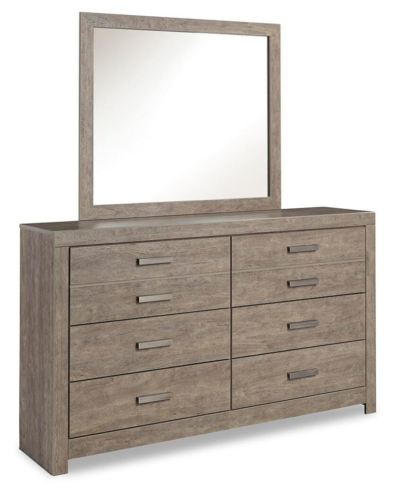 Culverbach King Panel Bed with Mirrored Dresser, Chest and Nightstand in Gray - PKG011531