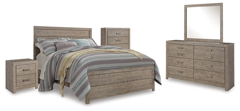 Culverbach Queen Panel Bed with Mirrored Dresser, Chest and Nightstand in Gray - PKG011525