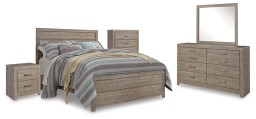 Culverbach Queen Panel Bed with Mirrored Dresser, Chest and Nightstand in Gray - PKG011525