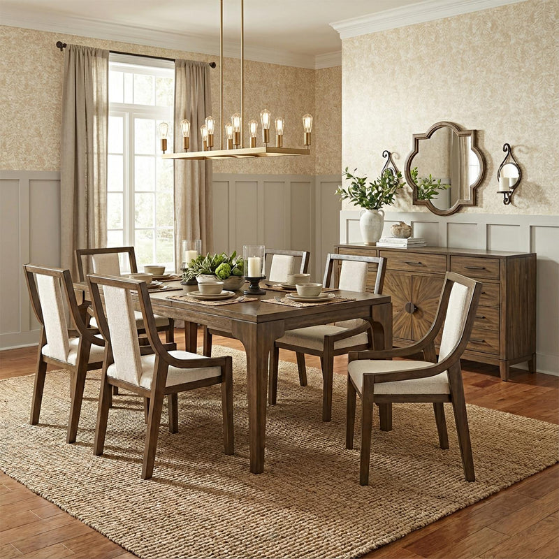 [D324-7PC-Set] Langford - 7PC Dining Set, Solid Rubber Wood, MDF, Acaica Veneer, Plywood, Fabric, Brown Each - D324-7PC-Set