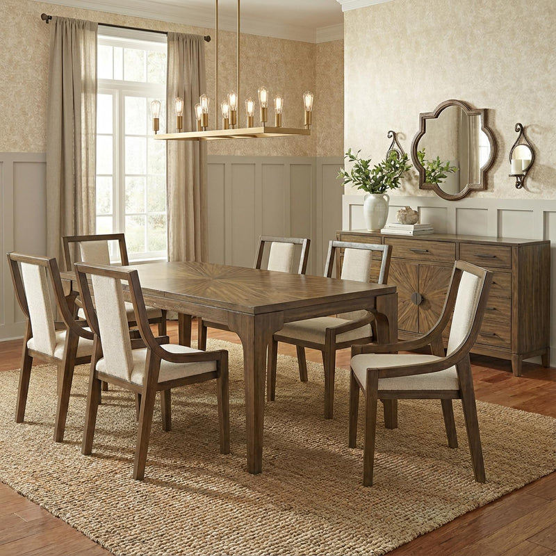 [D324-7PC-Set] Langford - 7PC Dining Set, Solid Rubber Wood, MDF, Acaica Veneer, Plywood, Fabric, Brown Each - D324-7PC-Set