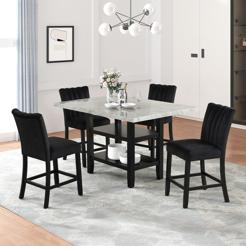 [D527-5PC-Set] Ayla - 5PC Pub Table Set (White & Black, Velvet), MDF / SOLID WOOD / VELVET, WHITE / BLACK Each - D527-5PC-Set