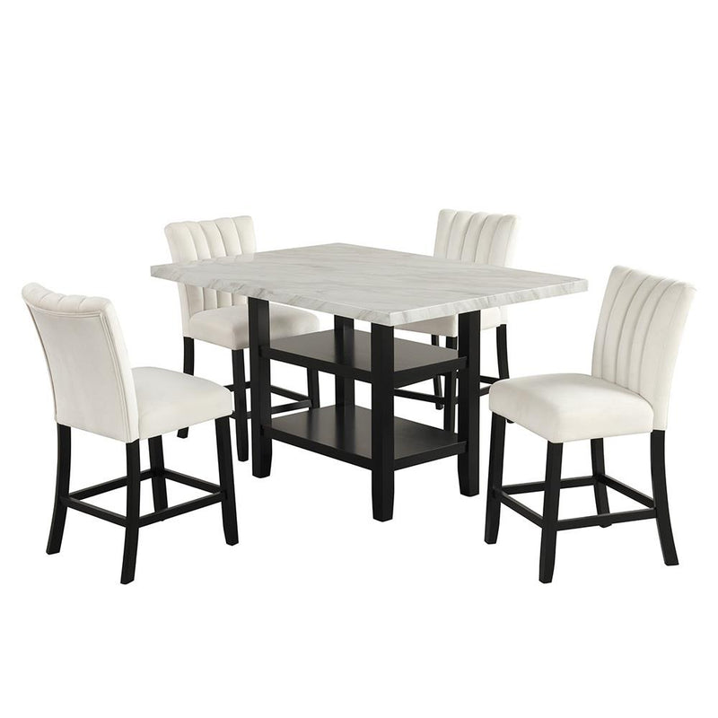 [D529-5PC-Set] Ayla - 5PC Pub Table Set (White & Cream, Velvet), MDF / SOLID RUBBER WOOD / VELVET, WHITE / CREAM Each - D529-5PC-Set