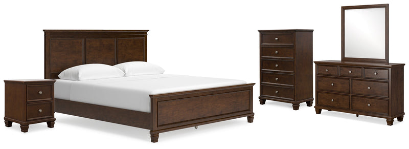 Danabrin California King Panel Bed with Mirrored Dresser, Chest and Nightstand in Brown - PKG015192