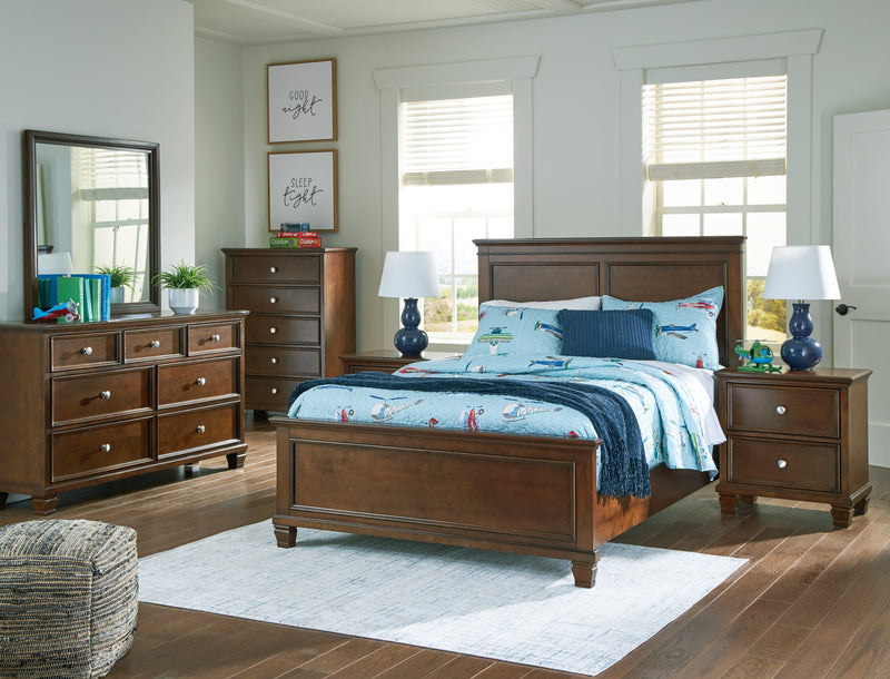Danabrin Full Panel Bed with Mirrored Dresser and Chest in Brown - PKG015203