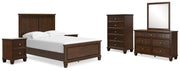 Danabrin Full Panel Bed with Mirrored Dresser, Chest and 2 Nightstands in Brown - PKG015201