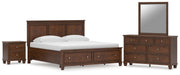 Danabrin King Panel Storage Bed, Dresser, Mirror and Nightstand in Brown - PKG023944
