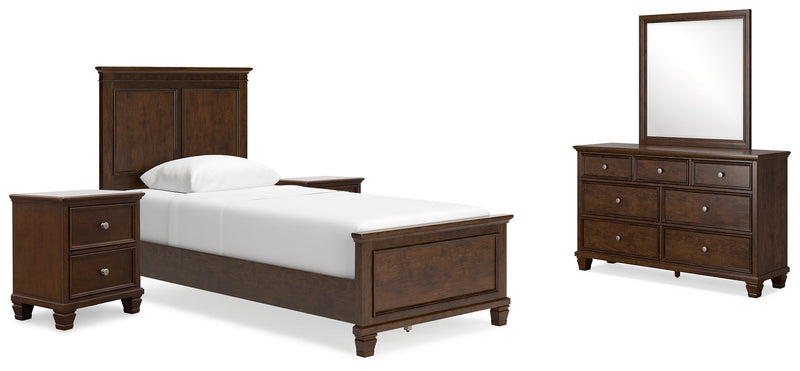 Danabrin Twin Panel Bed with Mirrored Dresser and 2 Nightstands in Brown - PKG015194