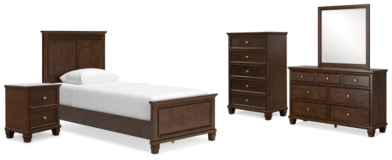 Danabrin Twin Panel Bed with Mirrored Dresser, Chest and Nightstand in Brown - PKG015198