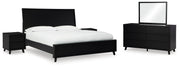 Danziar Queen Panel Bed, Dresser, Mirror and 2 Nightstands in Black - PKG015890