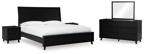 Danziar Queen Panel Bed, Dresser, Mirror and 2 Nightstands in Black - PKG015890