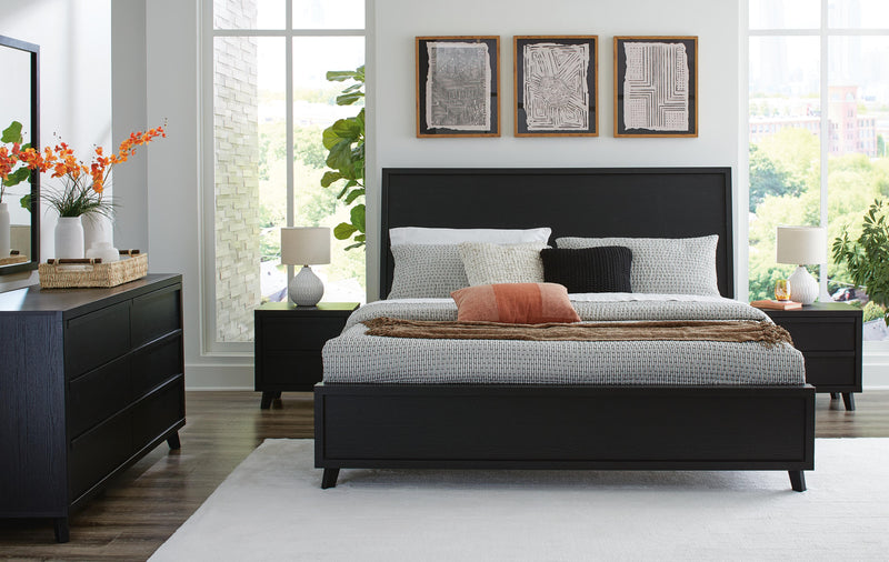 Danziar Queen Panel Bed, Dresser, Mirror and 2 Nightstands in Black - PKG015890