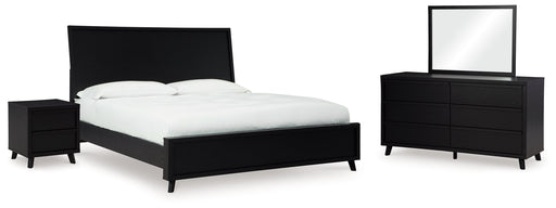 Danziar Queen Panel Bed with Mirrored Dresser and Nightstand in Black - PKG015892