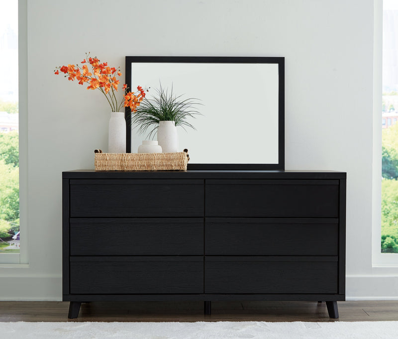 Danziar Queen Panel Bed with Mirrored Dresser in Black - PKG015889