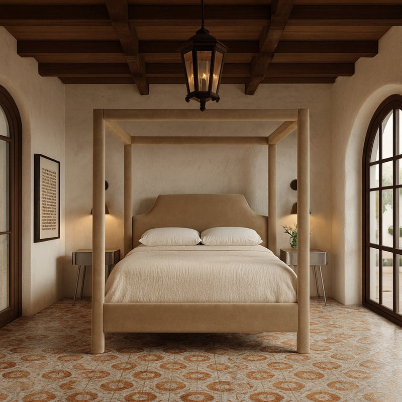 Dawson Velvet Upholstered Queen Bed in Beige - DawsonBeige-Q