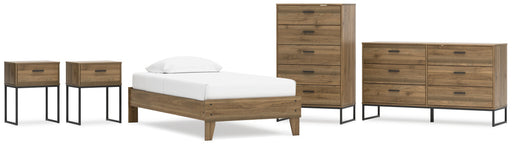 Deanlow Twin Platform Bed with Dresser, Chest and 2 Nightstands in Honey - PKG017187