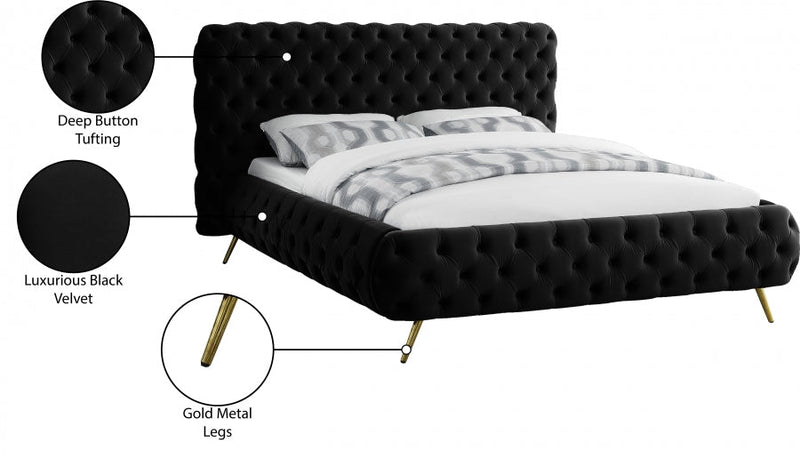 Delano Velvet Queen Bed Black - Gate FurnitureQueen Bed