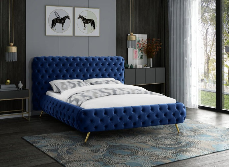 Delano Velvet Queen Bed Blue - Gate FurnitureQueen Bed
