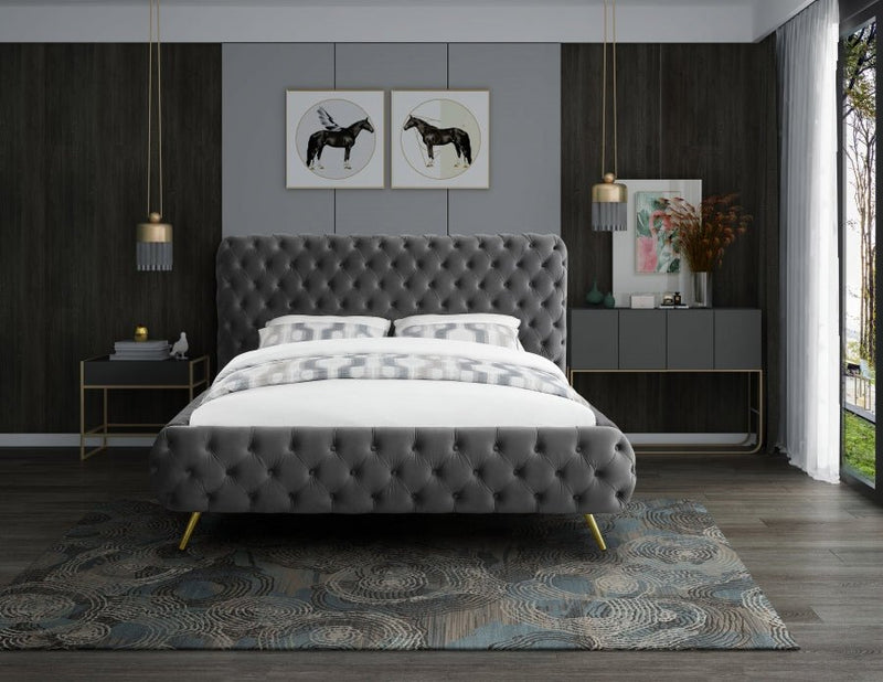 Delano Velvet Queen Bed Grey - Gate FurnitureQueen Bed