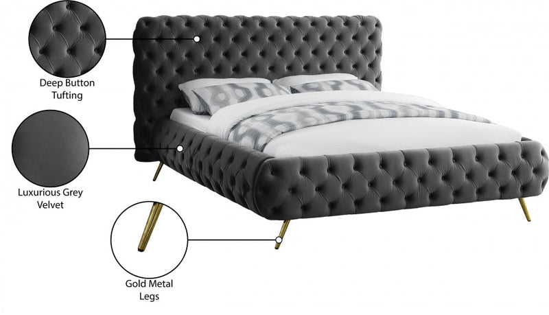 Delano Velvet Queen Bed Grey - Gate FurnitureQueen Bed