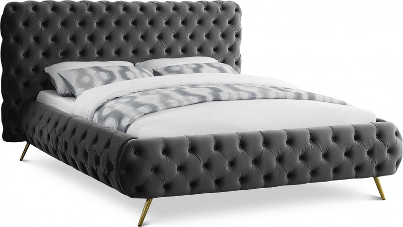 Delano Velvet Queen Bed Grey - Gate FurnitureQueen Bed