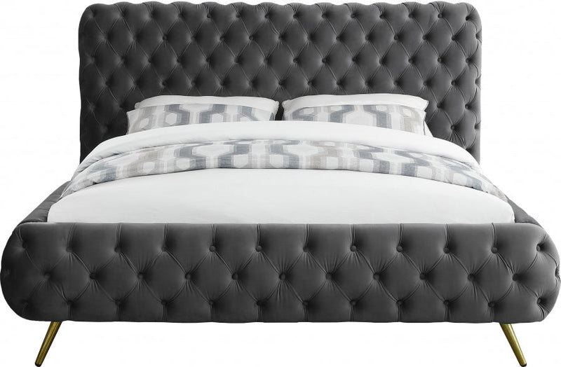 Delano Velvet Queen Bed Grey - Gate FurnitureQueen Bed