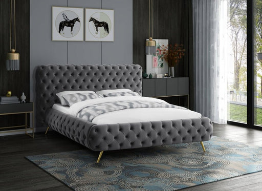 Delano Velvet Queen Bed Grey - Gate FurnitureQueen Bed