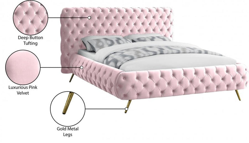 Delano Velvet Queen Bed Pink - Gate FurnitureQueen Bed