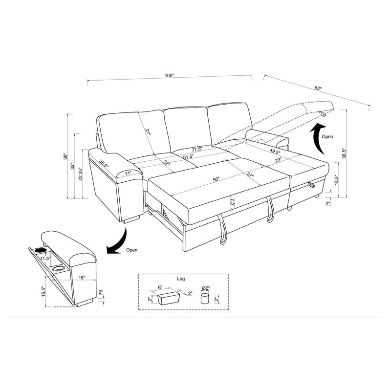 Demko Sleeper Sectional Sofa with Speaker and Storage Chaise Black - 500357