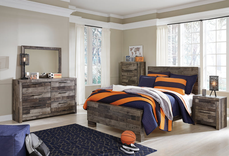 Derekson Full Panel Bed with Mirrored Dresser, Chest and Nightstand in Multi Gray - PKG003510