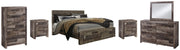 Derekson King Panel Bed with 2 Storage Drawers with Mirrored Dresser, Chest and 2 Nightstands in Multi Gray - PKG003529