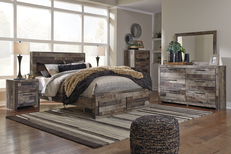 Derekson Queen Panel Bed with 2 Storage Drawers with Mirrored Dresser, Chest and 2 Nightstands in Multi Gray - PKG003526