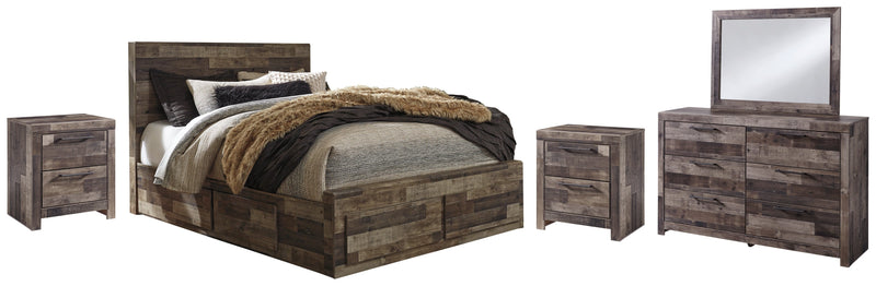 Derekson Queen Panel Bed with 6 Storage Drawers with Mirrored Dresser and 2 Nightstands in Multi Gray - PKG003436
