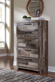 Derekson Queen Panel Bed with 6 Storage Drawers with Mirrored Dresser and Chest in Multi Gray - PKG003472