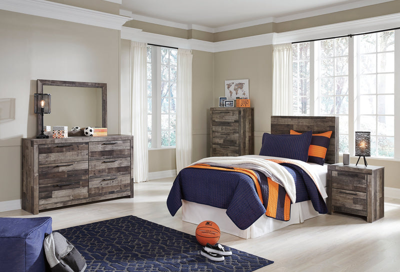 Derekson Twin Panel Headboard Bed with Mirrored Dresser, Chest and Nightstand in Multi Gray - PKG003473