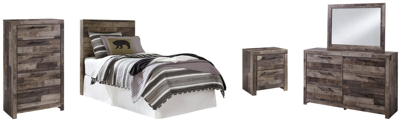 Derekson Twin Panel Headboard Bed with Mirrored Dresser, Chest and Nightstand in Multi Gray - PKG003473