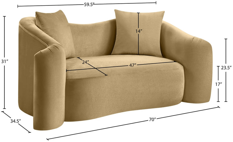 Destin 70" Velvet Upholstered Upholstered Loveseat in Camel - 44052Camel-L