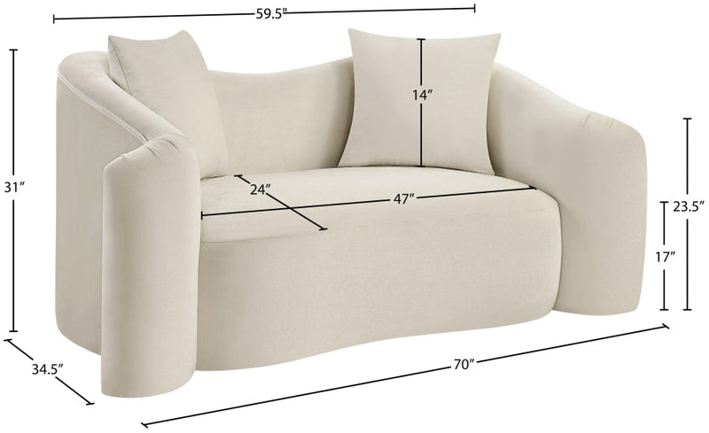 Destin 70" Velvet Upholstered Upholstered Loveseat in Cream - 44052Cream-L