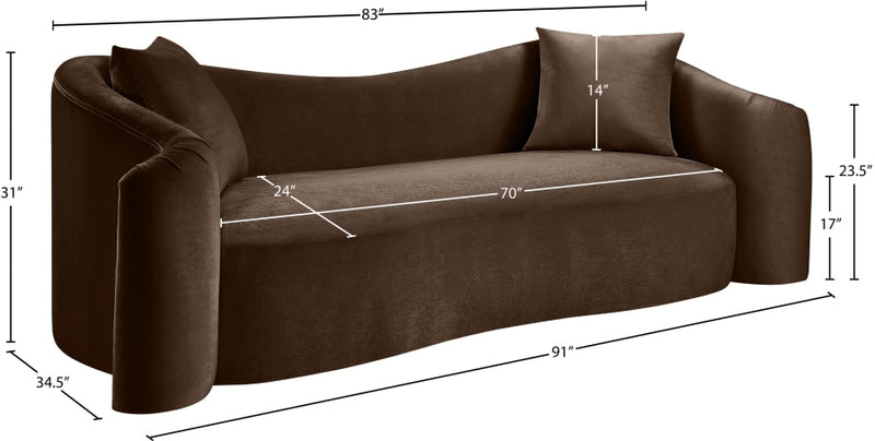 Destin 91" Velvet Upholstered Upholstered Sofa in Brown - 44052Brown-S