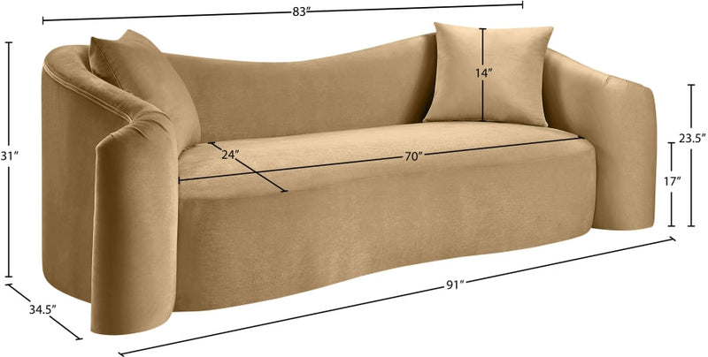 Destin 91" Velvet Upholstered Upholstered Sofa in Camel - 44052Camel-S