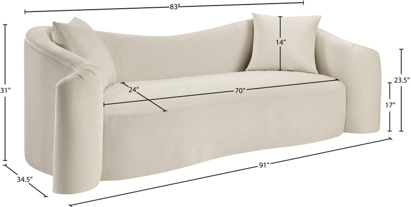 Destin 91" Velvet Upholstered Upholstered Sofa in Cream - 44052Cream-S