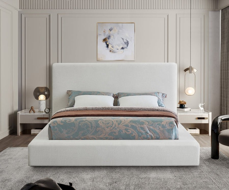 Devin Linen Textured Fabric King Bed Cream - Gate FurnitureKing Bed