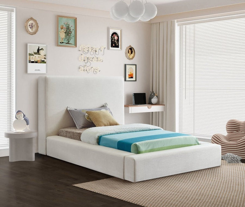 Devin Linen Textured Fabric Twin Bed Cream - Gate FurnitureTwin Bed