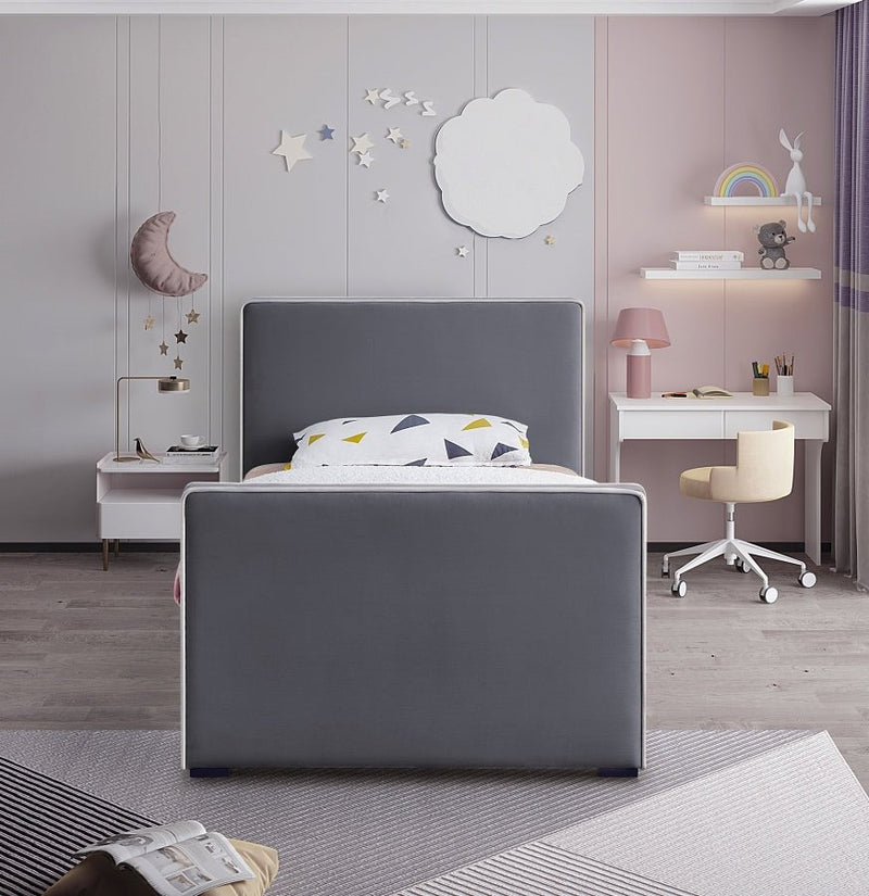 Dillard Velvet Twin Bed Grey - Gate FurnitureTwin Bed